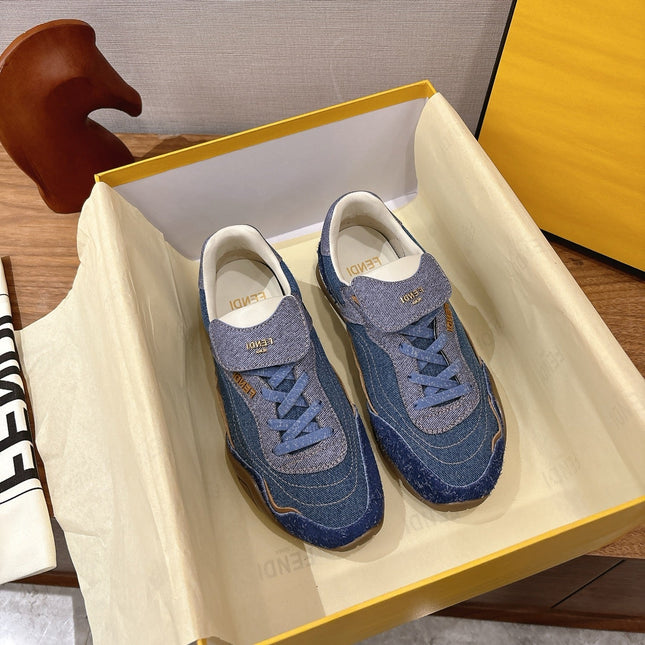 FENDI 25S CORTEZ RETRO SNEAKERS IN BLUE DENIM
