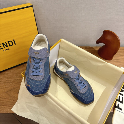 FENDI 25S CORTEZ RETRO SNEAKERS IN BLUE DENIM