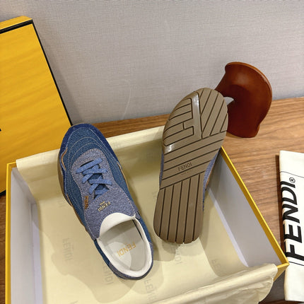 FENDI 25S CORTEZ RETRO SNEAKERS IN BLUE DENIM