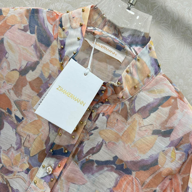 ZIMMER STAND-COLLAR PRINTED STUDDED TOP AND HIGH-WAIST FLARED SKIRT SET