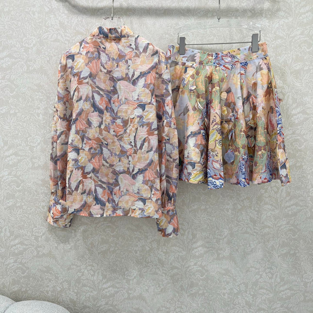 ZIMMER STAND-COLLAR PRINTED STUDDED TOP AND HIGH-WAIST FLARED SKIRT SET