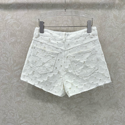 CHANEL LACE-TRIMMED DENIM SHORTS 275066