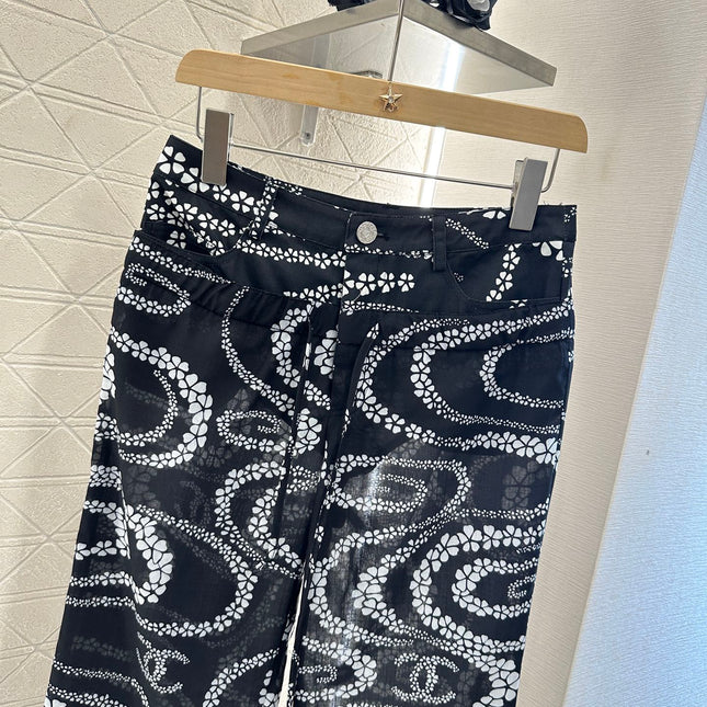 CHANEL BLACK PRINTED DENIM PANTS