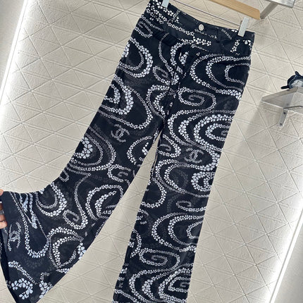 CHANEL BLACK PRINTED DENIM PANTS