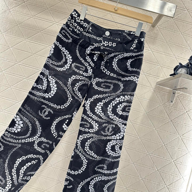 CHANEL BLACK PRINTED DENIM PANTS