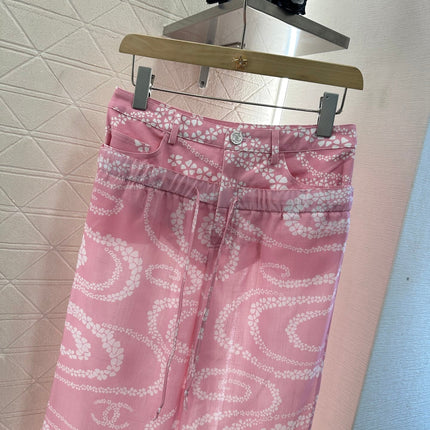 CHANEL PINK PRINTED DENIM PANTS