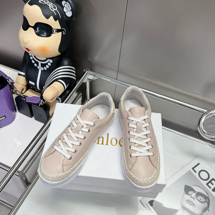 CHLOÉ TELMA LACE-UP SNEAKER IN DESERT SAND LAMBSKIN AND RAFFIA