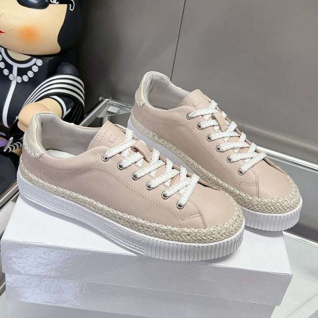 CHLOÉ TELMA LACE-UP SNEAKER IN DESERT SAND LAMBSKIN AND RAFFIA