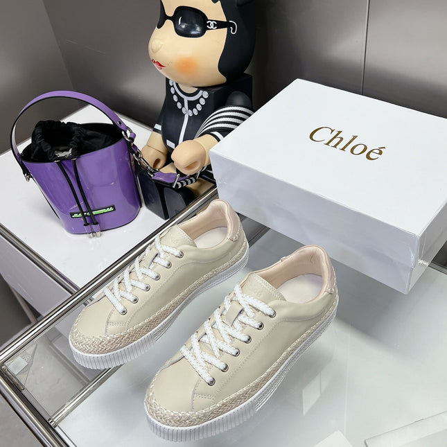 CHLOÉ TELMA LACE-UP SNEAKER IN CREAM BEIGE LAMBSKIN AND RAFFIA