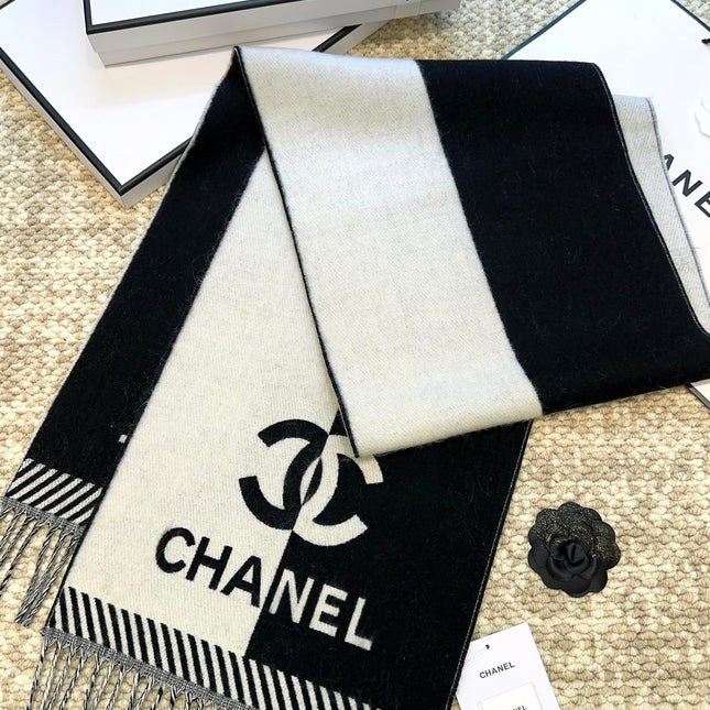 SCARF 184 CM IN BLACK MIX WHITE MERINO WOOL 393120