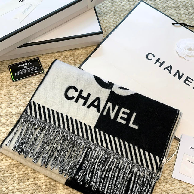 SCARF 184 CM IN BLACK MIX WHITE MERINO WOOL 393120