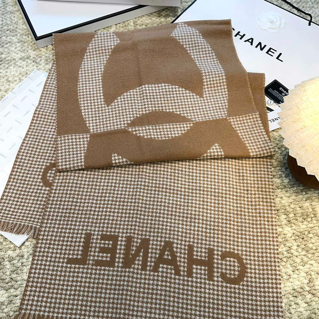 HOUNDSTOOTH SCARF 185 CM IN CAMEL BROWN CASHMERE 393124
