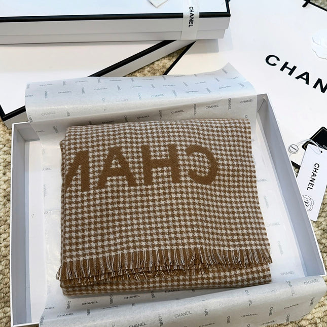 HOUNDSTOOTH SCARF 185 CM IN CAMEL BROWN CASHMERE 393124