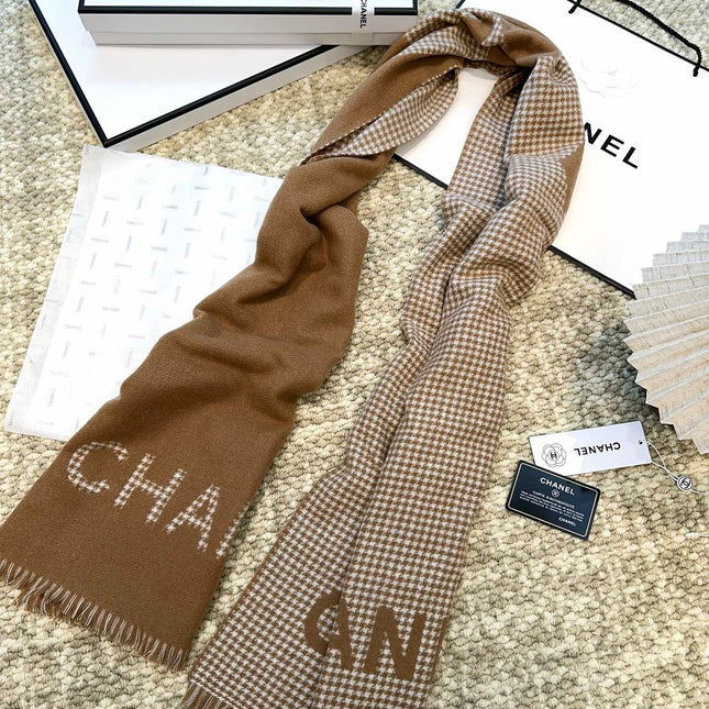 HOUNDSTOOTH SCARF 185 CM IN CAMEL BROWN CASHMERE 393124