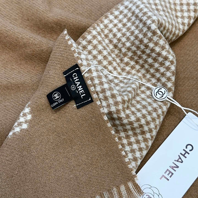 HOUNDSTOOTH SCARF 185 CM IN CAMEL BROWN CASHMERE 393124