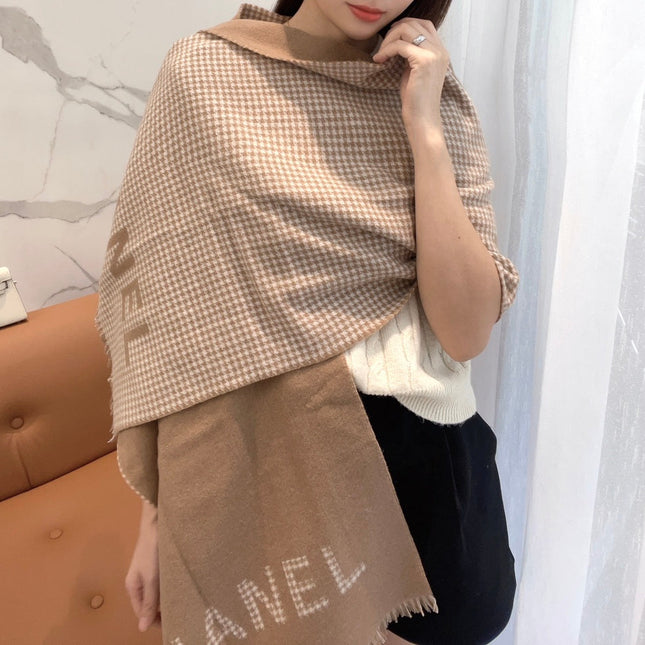 HOUNDSTOOTH SCARF 185 CM IN CAMEL BROWN CASHMERE 393124