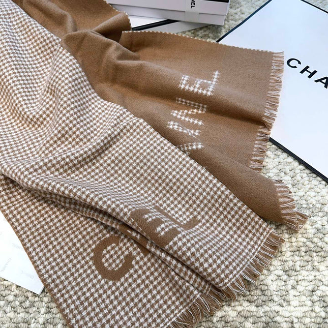 HOUNDSTOOTH SCARF 185 CM IN CAMEL BROWN CASHMERE 393124