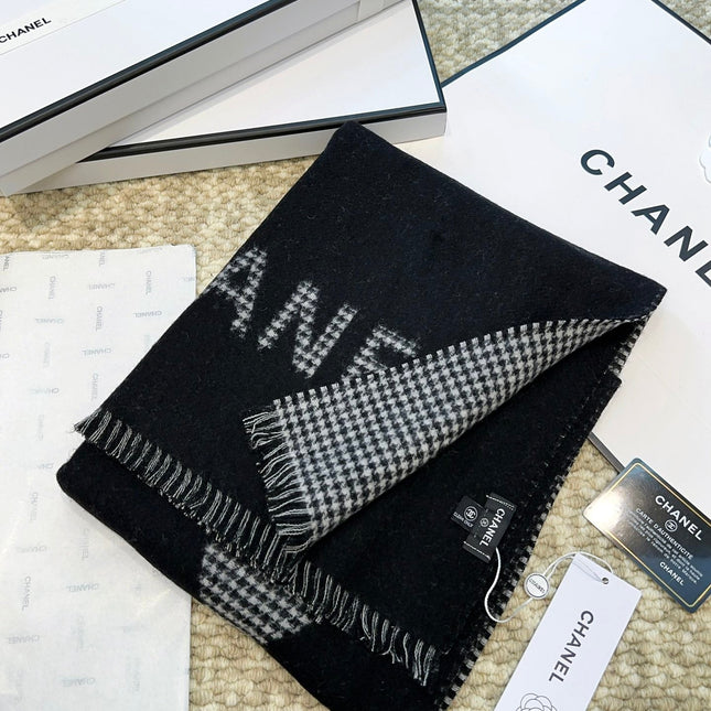 HOUNDSTOOTH SCARF 185 CM IN BLACK CASHMERE 393123