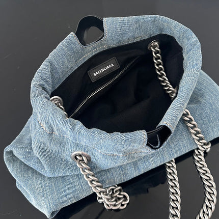 CRUSH SMALL TOTE BAG 26 IN BLUE WASHED DENIM SILVER HARDWARE