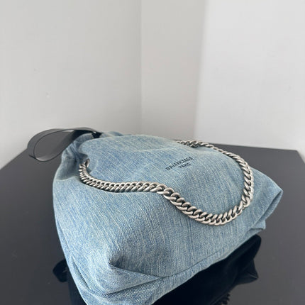 CRUSH SMALL TOTE BAG 26 IN BLUE WASHED DENIM SILVER HARDWARE