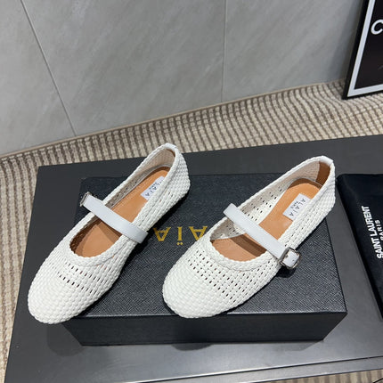 ALAIA MARY JANE FLATS WOVEN PATTERN 25S IN WHITE CALFSKIN