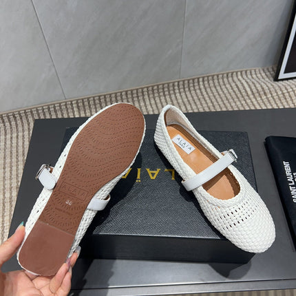 ALAIA MARY JANE FLATS WOVEN PATTERN 25S IN WHITE CALFSKIN