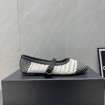 ALAIA MARY JANE FLATS WOVEN PATTERN 25S IN WHITE MIX BLACK CALFSKIN