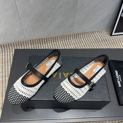 ALAIA MARY JANE FLATS WOVEN PATTERN 25S IN WHITE MIX BLACK CALFSKIN
