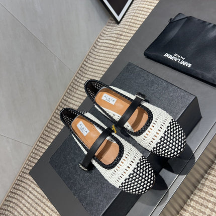 ALAIA MARY JANE FLATS WOVEN PATTERN 25S IN WHITE MIX BLACK CALFSKIN