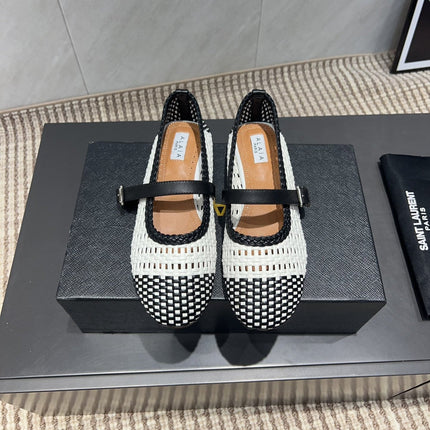 ALAIA MARY JANE FLATS WOVEN PATTERN 25S IN WHITE MIX BLACK CALFSKIN