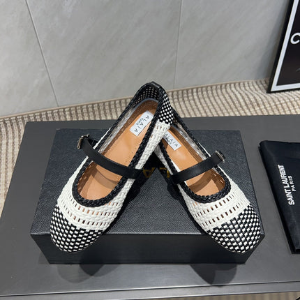 ALAIA MARY JANE FLATS WOVEN PATTERN 25S IN WHITE MIX BLACK CALFSKIN