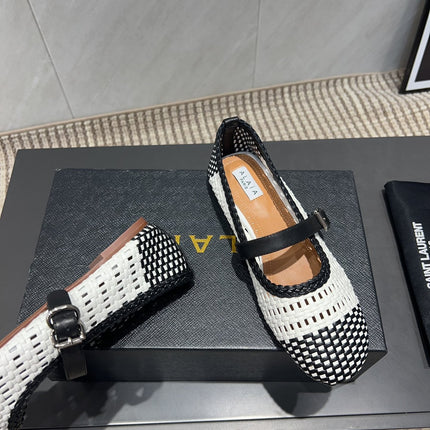 ALAIA MARY JANE FLATS WOVEN PATTERN 25S IN WHITE MIX BLACK CALFSKIN