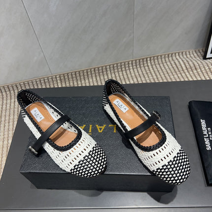 ALAIA MARY JANE FLATS WOVEN PATTERN 25S IN WHITE MIX BLACK CALFSKIN