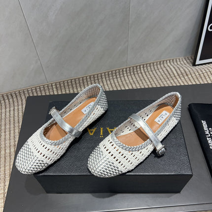 ALAIA MARY JANE FLATS WOVEN PATTERN 25S IN WHITE MIX GREY CALFSKIN