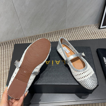 ALAIA MARY JANE FLATS WOVEN PATTERN 25S IN WHITE MIX GREY CALFSKIN