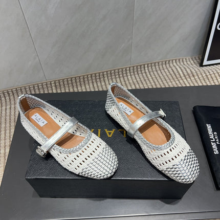 ALAIA MARY JANE FLATS WOVEN PATTERN 25S IN WHITE MIX GREY CALFSKIN
