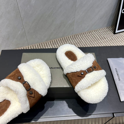 BALENCIAGA 25S SLIPPERS IN BROWN SUEDE AND WHITE WOOL