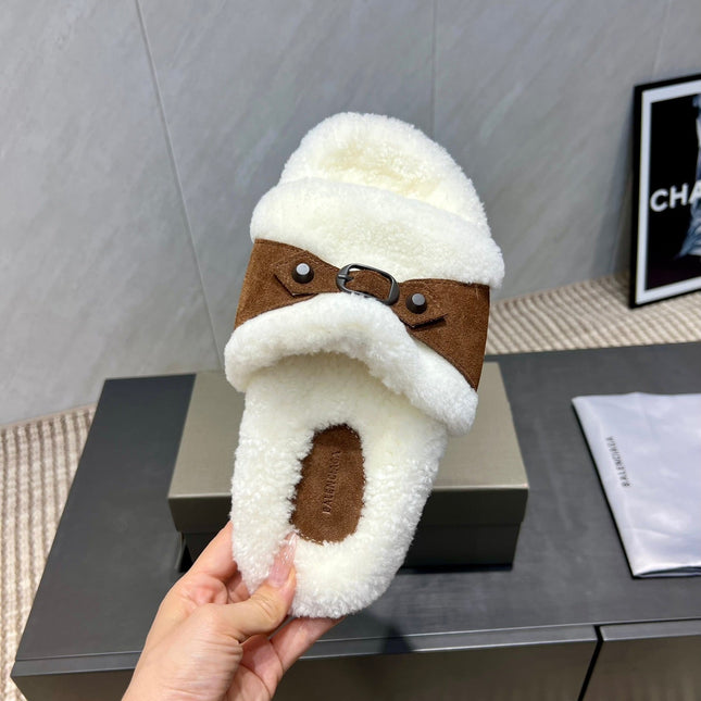 BALENCIAGA 25S SLIPPERS IN BROWN SUEDE AND WHITE WOOL
