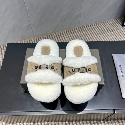BALENCIAGA 25S SLIPPERS IN DARK BEIGE SUEDE AND WHITE WOOL