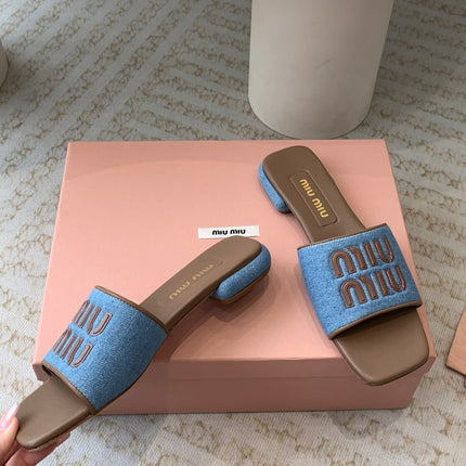 Women's Caramel Denim Slippers With Azure Blue Straps