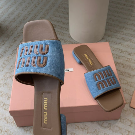 Women's Caramel Denim Slippers With Azure Blue Straps