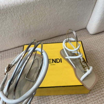 FENDI O'LOCK THONG SANDAL WHITE CALFSKIN WITH GOLD HARDWARE