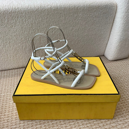 FENDI O'LOCK THONG SANDAL WHITE CALFSKIN WITH GOLD HARDWARE