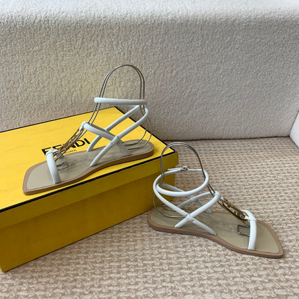 FENDI O'LOCK THONG SANDAL WHITE CALFSKIN WITH GOLD HARDWARE