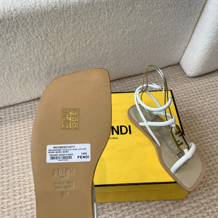 FENDI O'LOCK THONG SANDAL WHITE CALFSKIN WITH GOLD HARDWARE