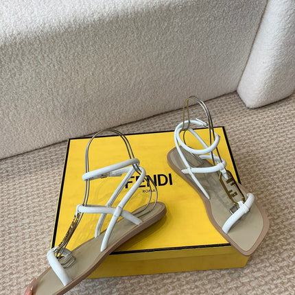 FENDI O'LOCK THONG SANDAL WHITE CALFSKIN WITH GOLD HARDWARE