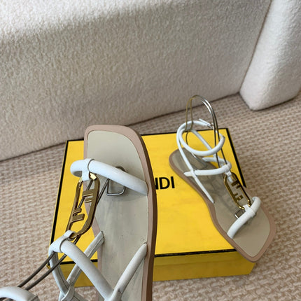 FENDI O'LOCK THONG SANDAL WHITE CALFSKIN WITH GOLD HARDWARE