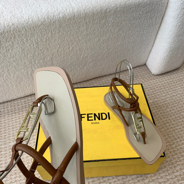 FENDI O'LOCK THONG SANDAL BROWN CALFSKIN WITH GOLD HARDWARE