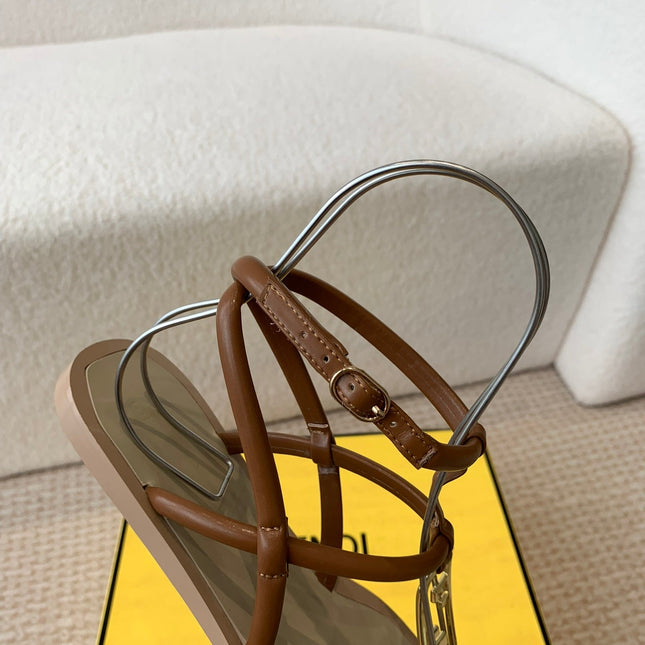 FENDI O'LOCK THONG SANDAL BROWN CALFSKIN WITH GOLD HARDWARE