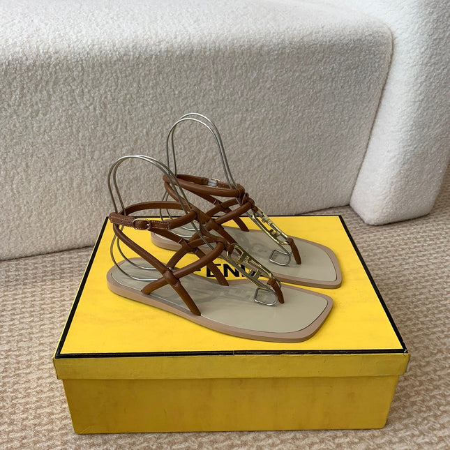 FENDI O'LOCK THONG SANDAL BROWN CALFSKIN WITH GOLD HARDWARE